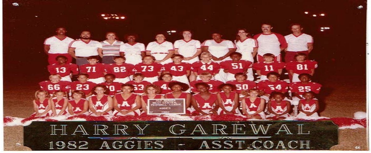 1982 Isaac Aggies Pop Warner youth football team with engraved plaque reading Harry Garewal, 1982 Aggies, Assistant Coach